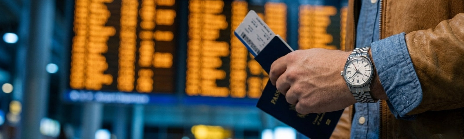 A traveller holding a passport and boarding pass wearing a 62GS 36mm NH34 GMT build, airport departure board glowing behind