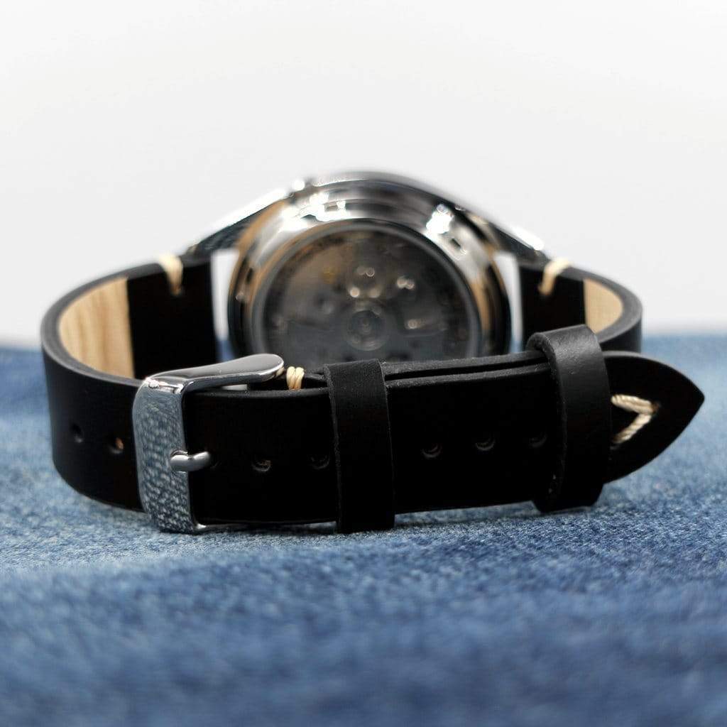 Black Vintage Italian Calf Leather Watch Strap - 18mm - - - Lucius Atelier - Swiss Quality Seiko Watch Mod Parts