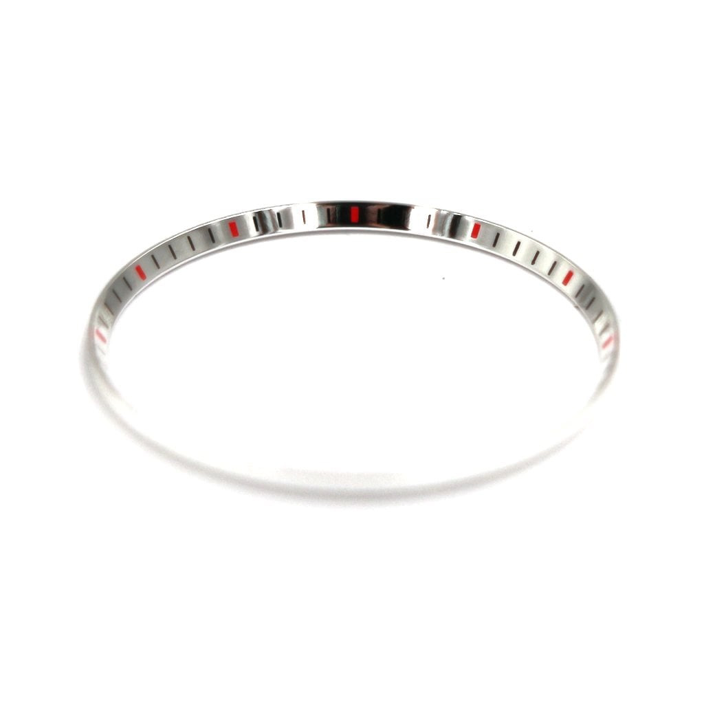 SKX013 Mirror Polished Silver Chapter Ring - Black & Red Markers - - - - Lucius Atelier - Swiss Quality Seiko Watch Mod Parts