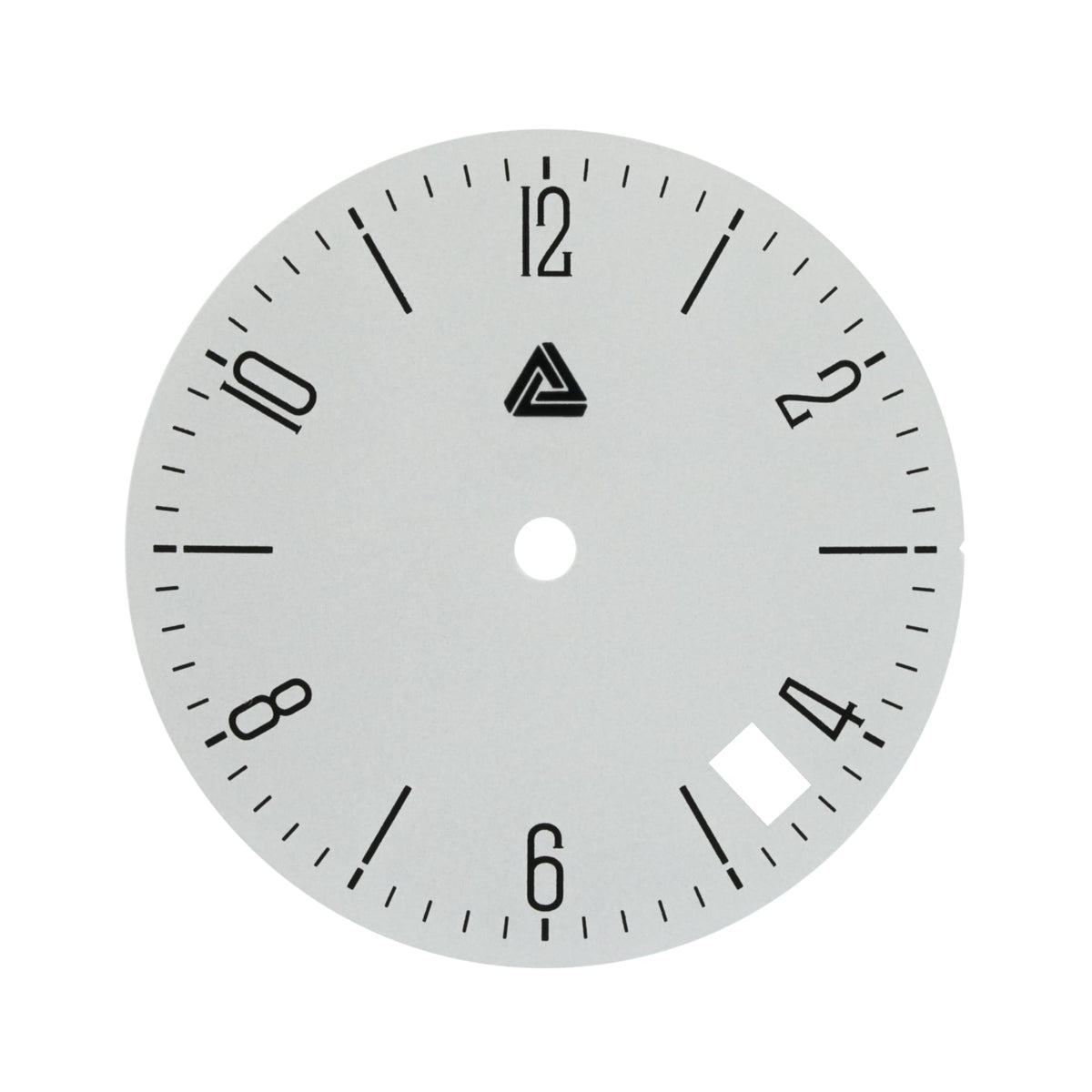 Bauhaus dial with date window at 4 o'clock for Seiko mod, matte white with black printed numerals, top view — Lucius Atelier