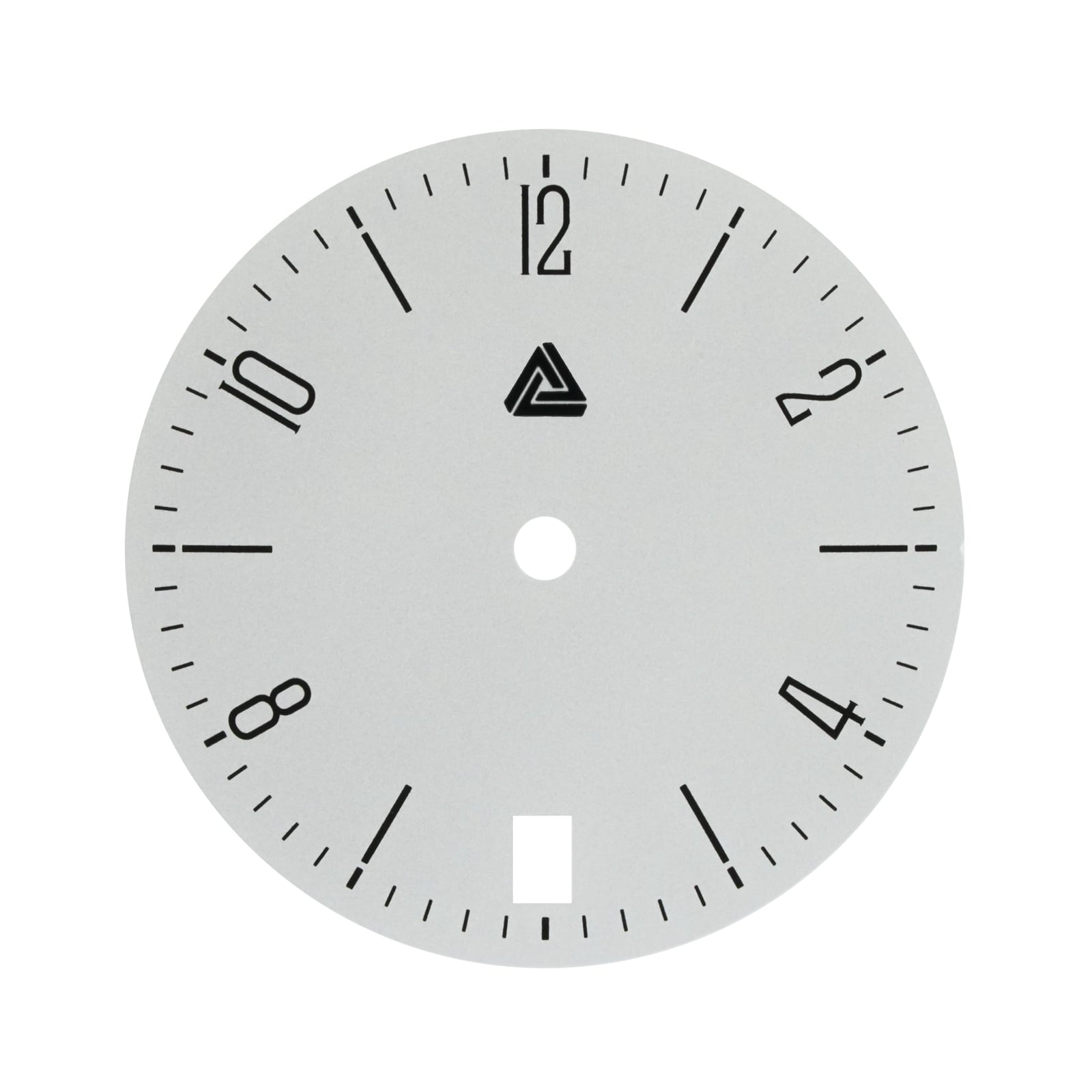 Bauhaus dial flatlay — matte white face with even-hour numerals and date window at 6 o'clock — Lucius Atelier