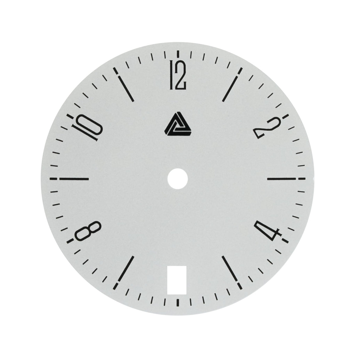 Bauhaus dial flatlay — matte white face with even-hour numerals and date window at 6 o'clock — Lucius Atelier