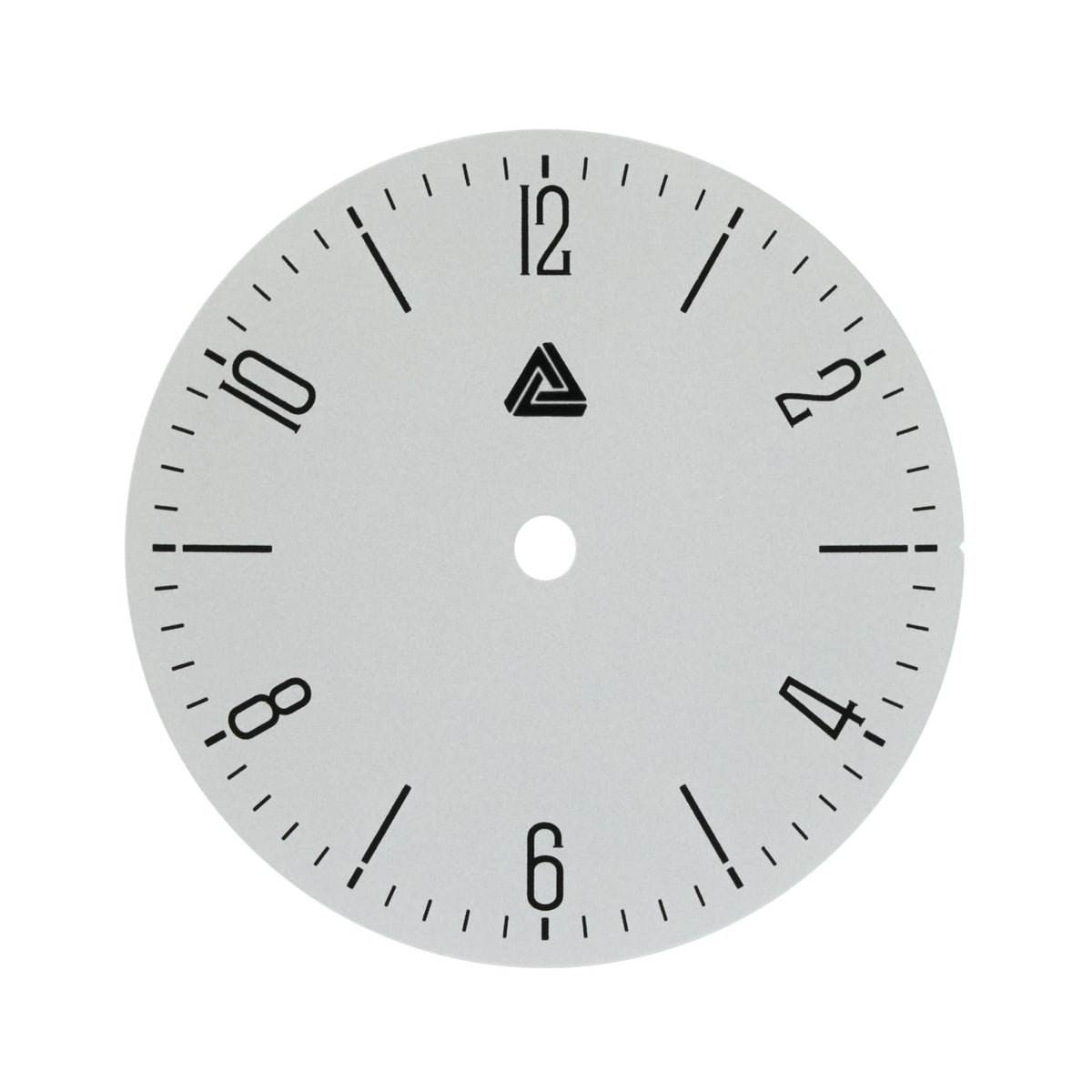 Bauhaus dial flatlay — matte white face with even-hour numerals 12-2-4-6-8-10, no date — Lucius Atelier