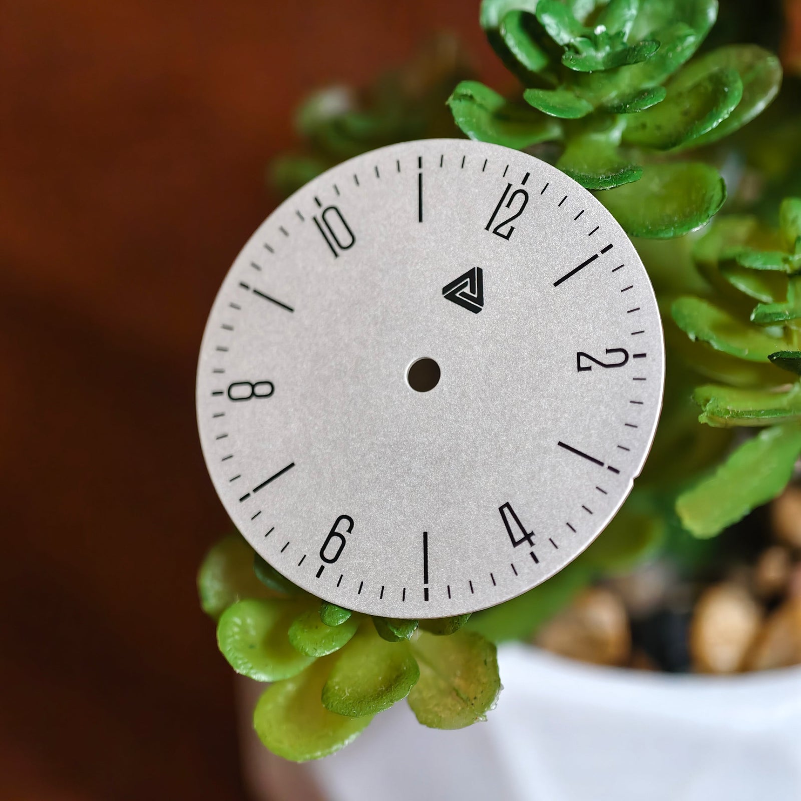 Bauhaus dial angled view with succulent backdrop, showing dial profile and Lucius Atelier logo — Lucius Atelier