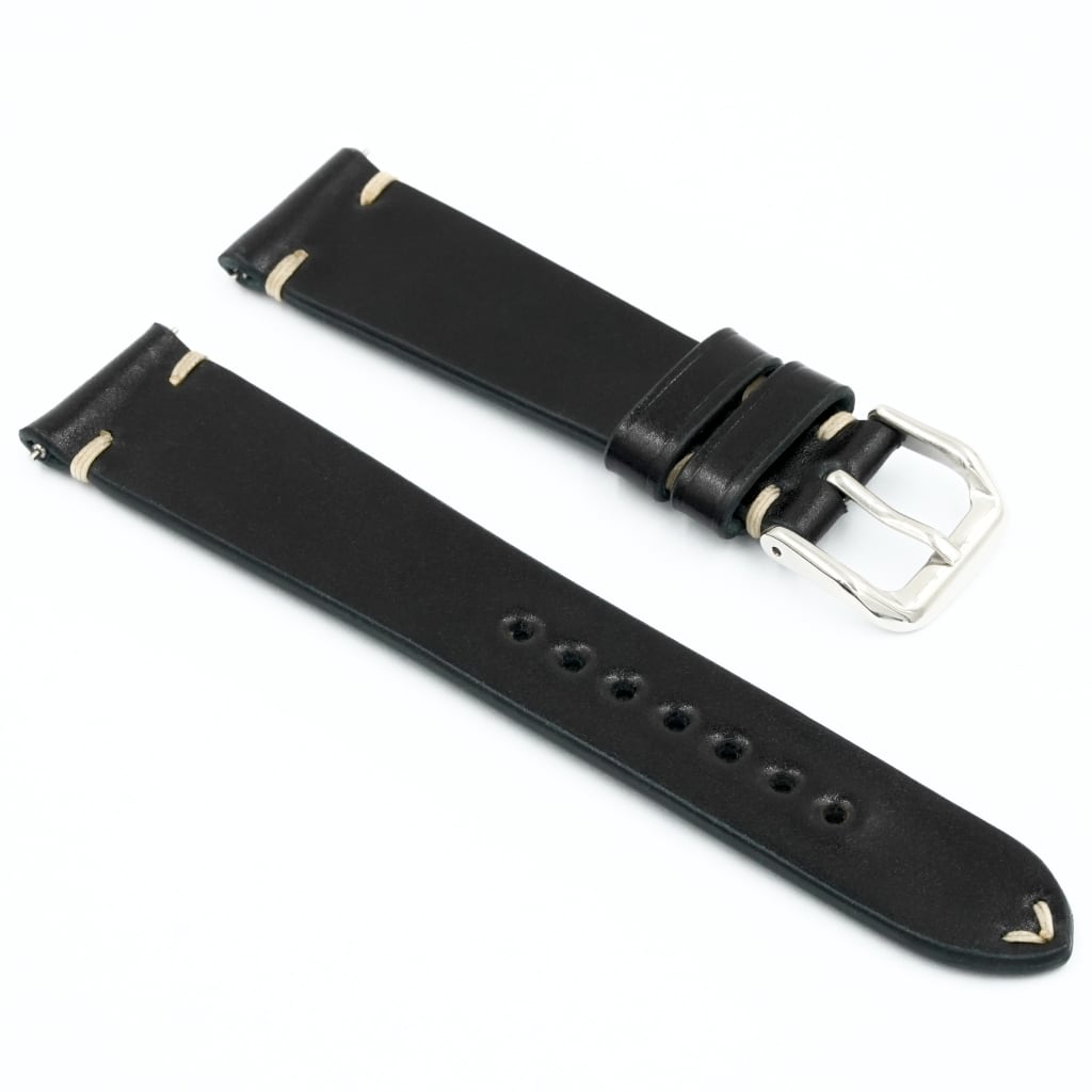 Shell Cordovan Leather Strap 20/16mm [Black, Side Stitch] - Small (14.5 - 17.0cm) - - - Lucius Atelier - Swiss Quality Seiko Watch Mod Parts