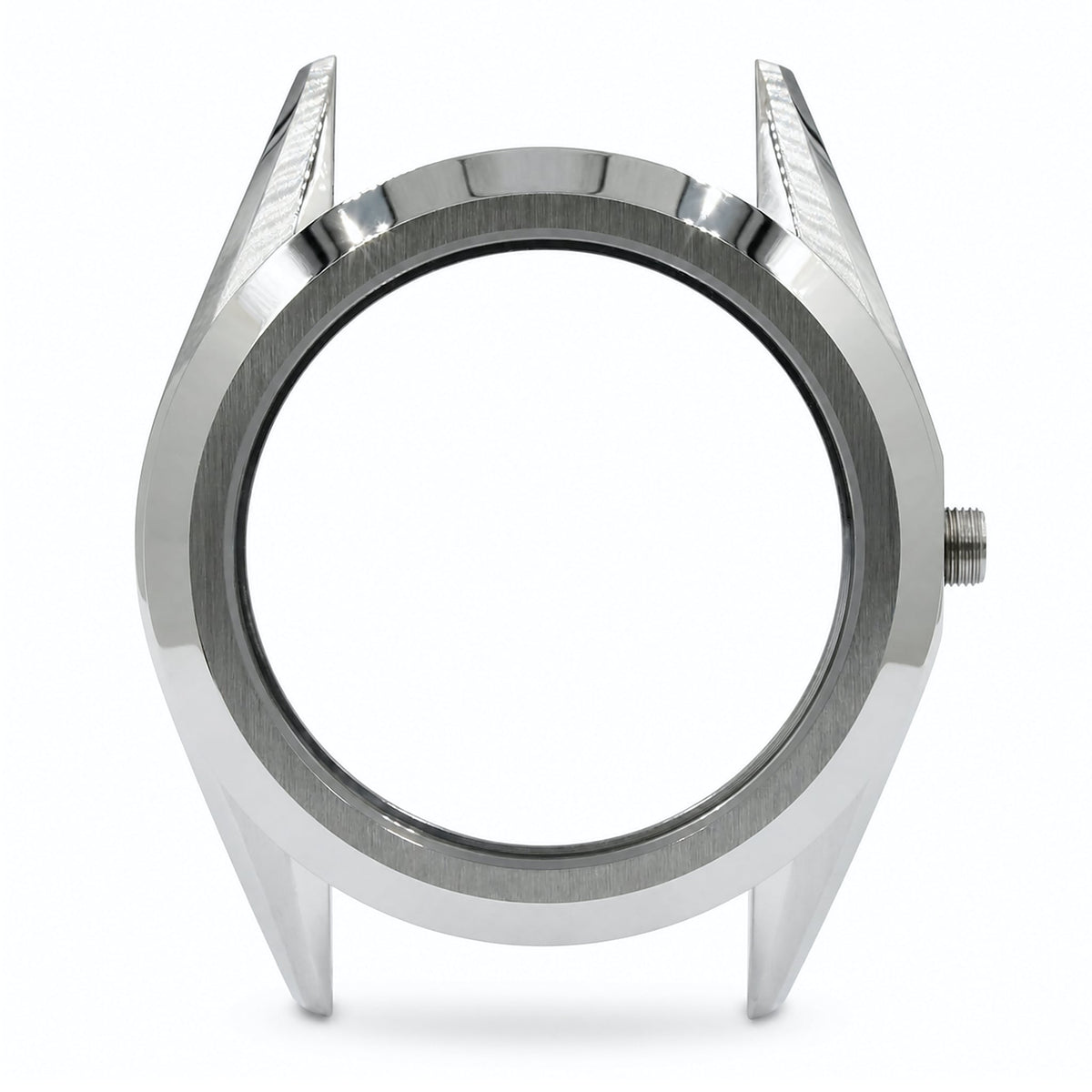 GS 39mm Ultra Thin watch case in polished 316L steel — front view showing the slim bezel and pre-installed sapphire crystal