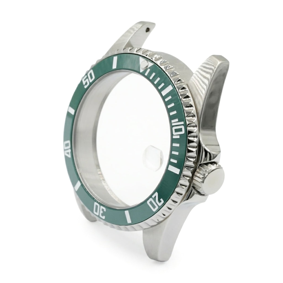 SKX013 Diver 38 Green Ultra Thin Edition — three-quarter angle view facing left, showing crown guards and case profile