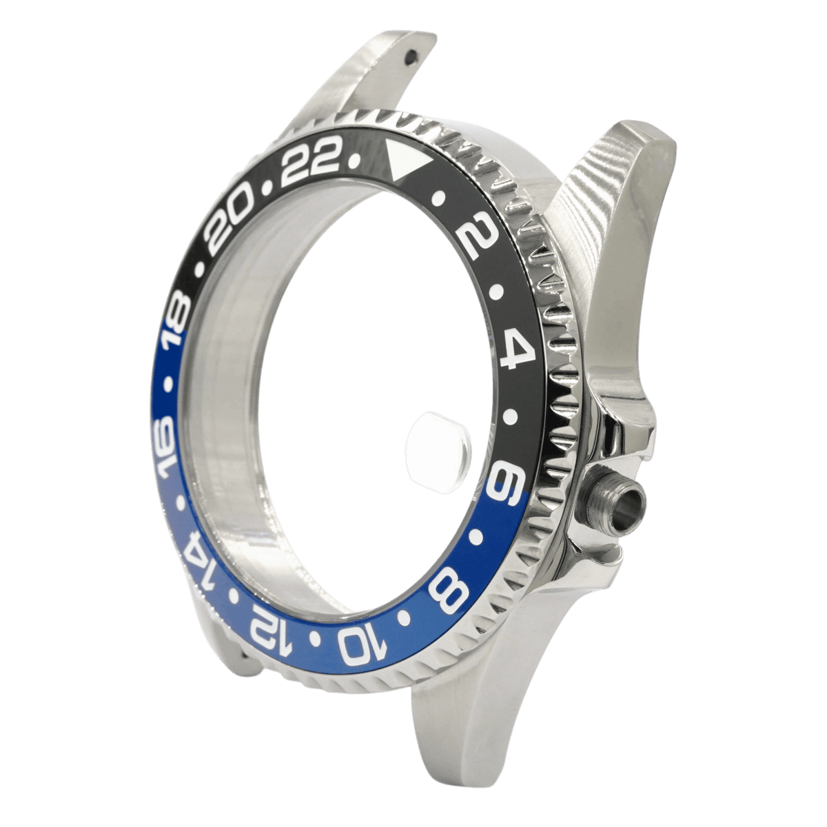 SKX013 GMT 38 Batman Ultra Thin — three-quarter view on green with the screw-down crown and crown guards visible at 3 o'clock
