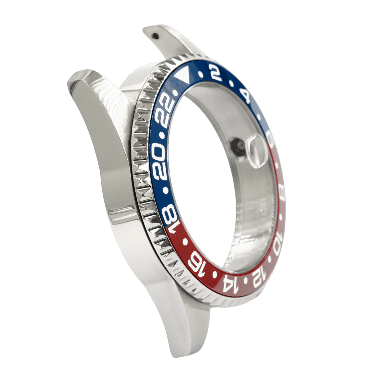 SKX013 GMT 38 Pepsi Ultra Thin — three-quarter view on green from the opposite side, showing the bidirectional coin-edge GMT bezel