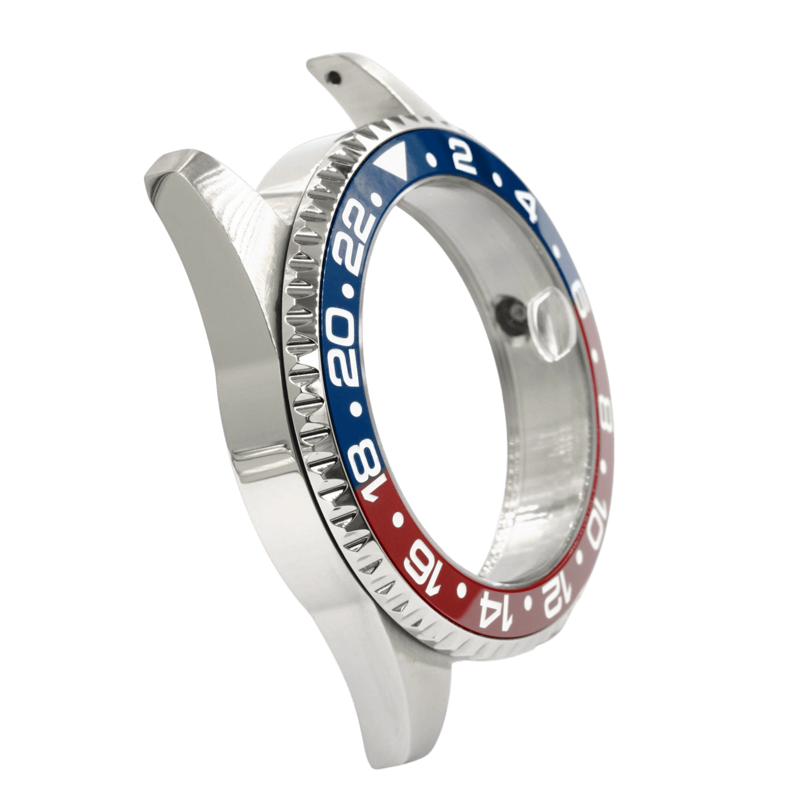 SKX013 GMT 38 Pepsi Ultra Thin — three-quarter view on green from the opposite side, showing the bidirectional coin-edge GMT bezel