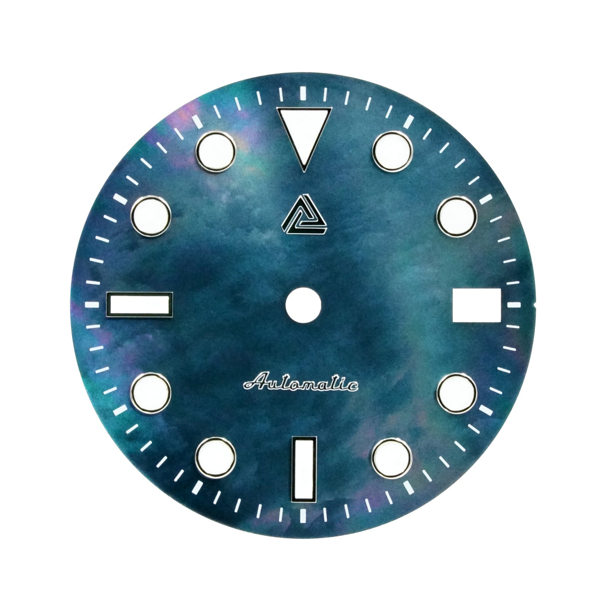 Submariner II Seiko mod dial in black mother of pearl with date window at 3 o'clock — dark semi-gloss nacre with blue-green iridescence and applied polished-silver indices