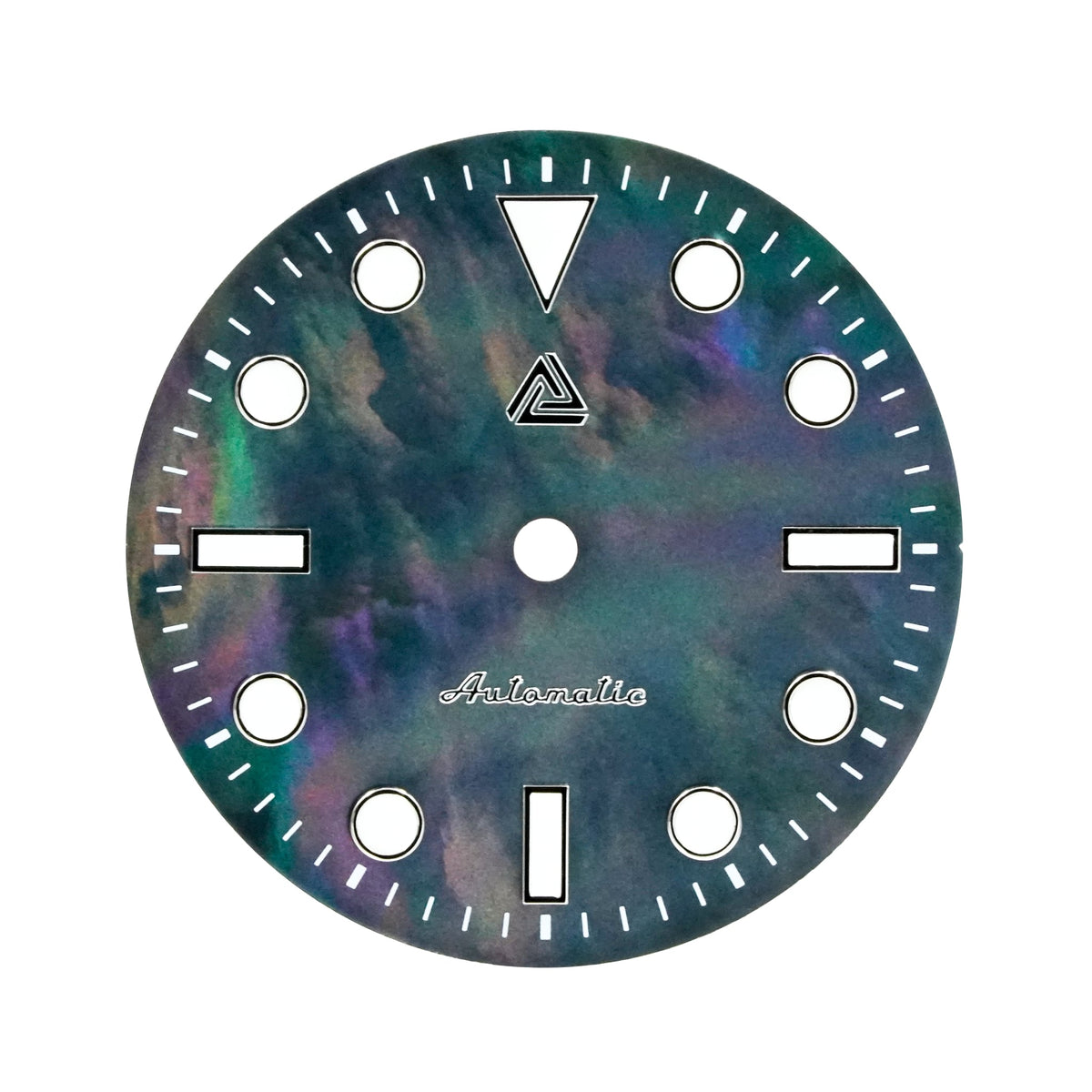 Submariner II Seiko mod dial in black mother of pearl, no date — dark semi-gloss nacre shifting teal, green and violet, with applied polished-silver indices and a printed white minute track