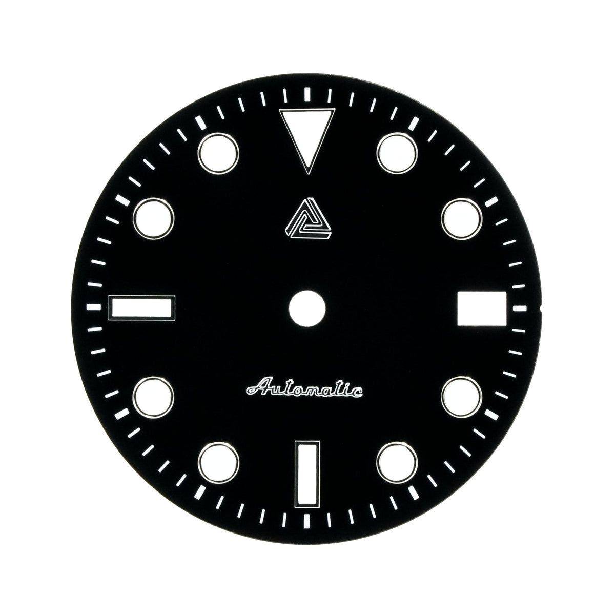 Submariner II Seiko mod dial in glossy black enamel with date window at 3 o'clock — applied mirror-polished silver indices and printed white minute track
