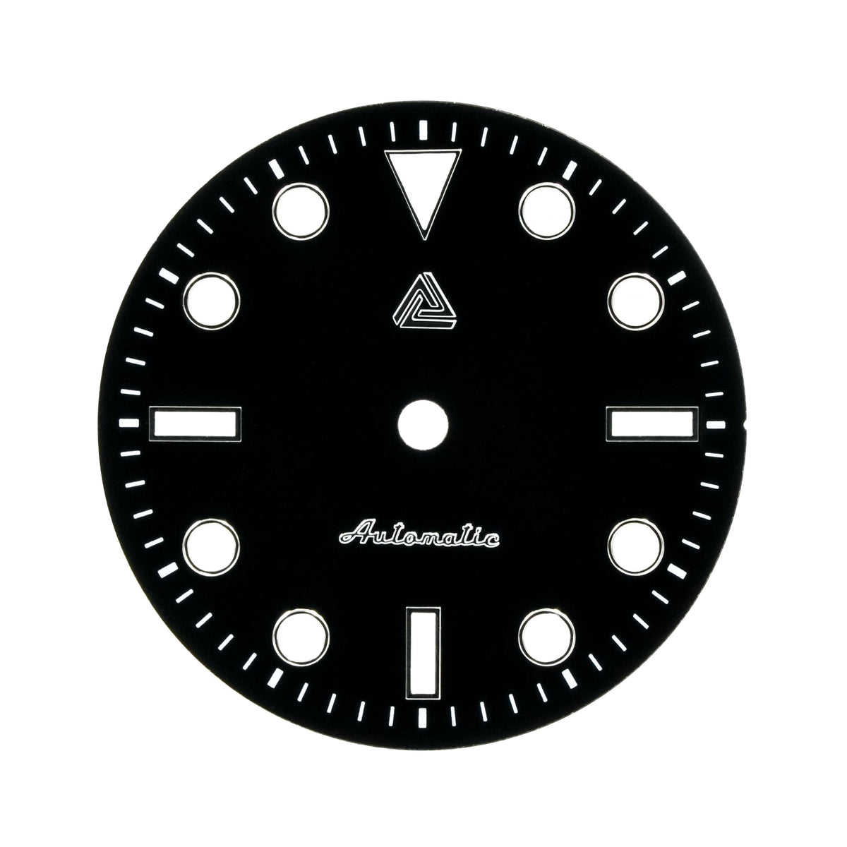 Submariner II Seiko mod dial in glossy black enamel, no date — applied mirror-polished silver indices with cream lume and a printed white minute track